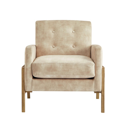 Tufted back accent arm chair in light brown velvet upholstery with wooden legs on Tampa Home & Garden Store