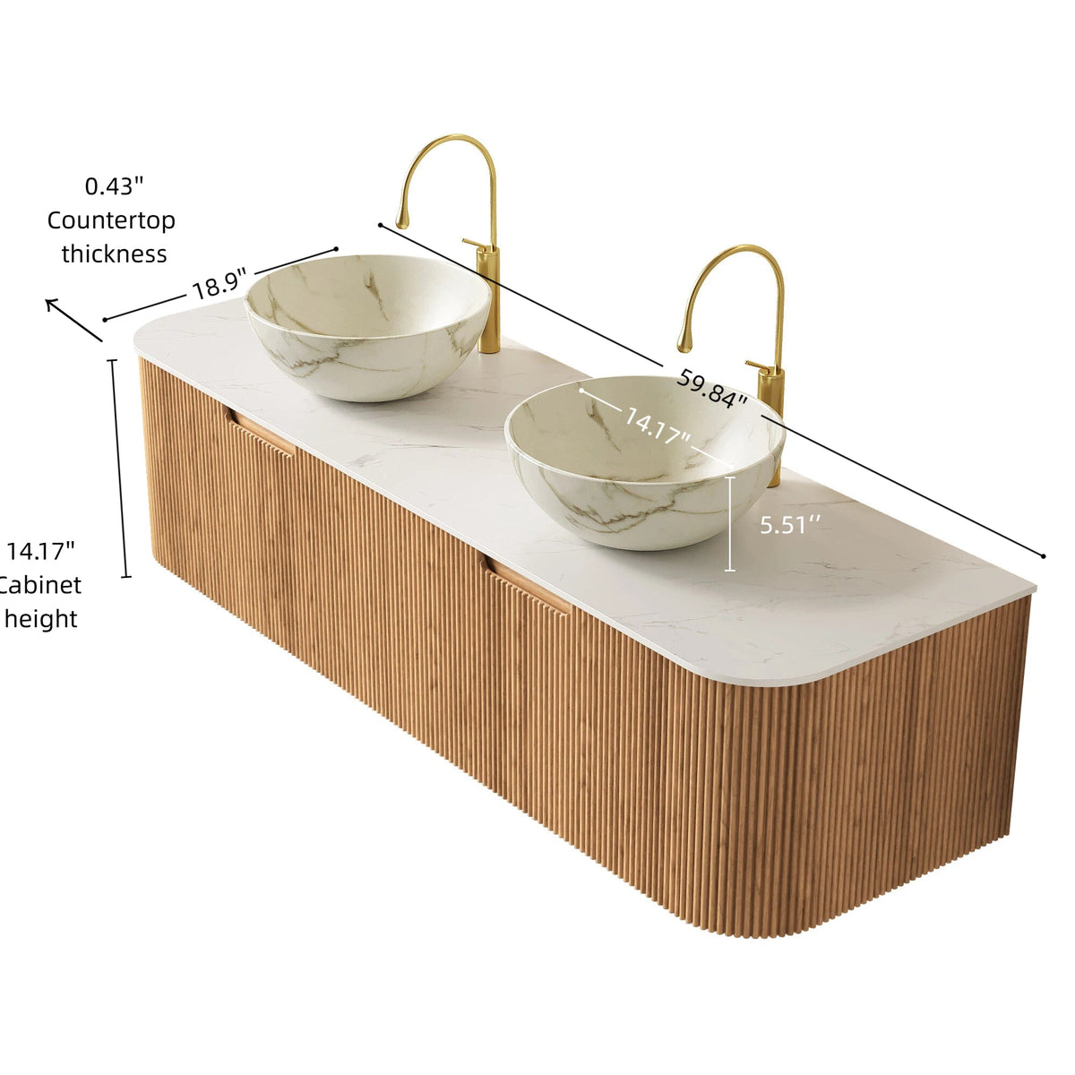 Dina 60in bathroom vanity with marble vessel sinks, white countertop, gold faucets on Tampa Home & Garden Store