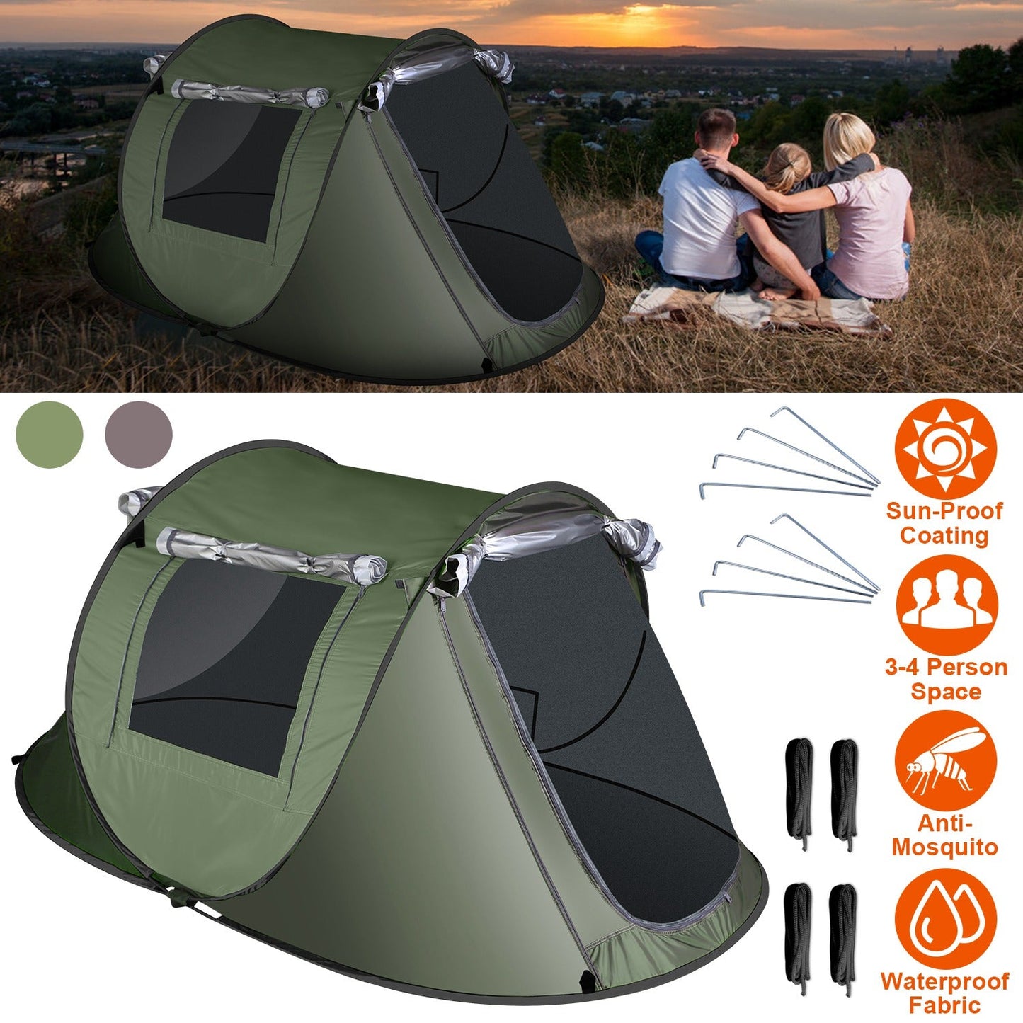 GemGear 3-4 Person Pop Up Tent, green waterproof fabric with 2 mosquito net windows on Tampa Home & Garden Store