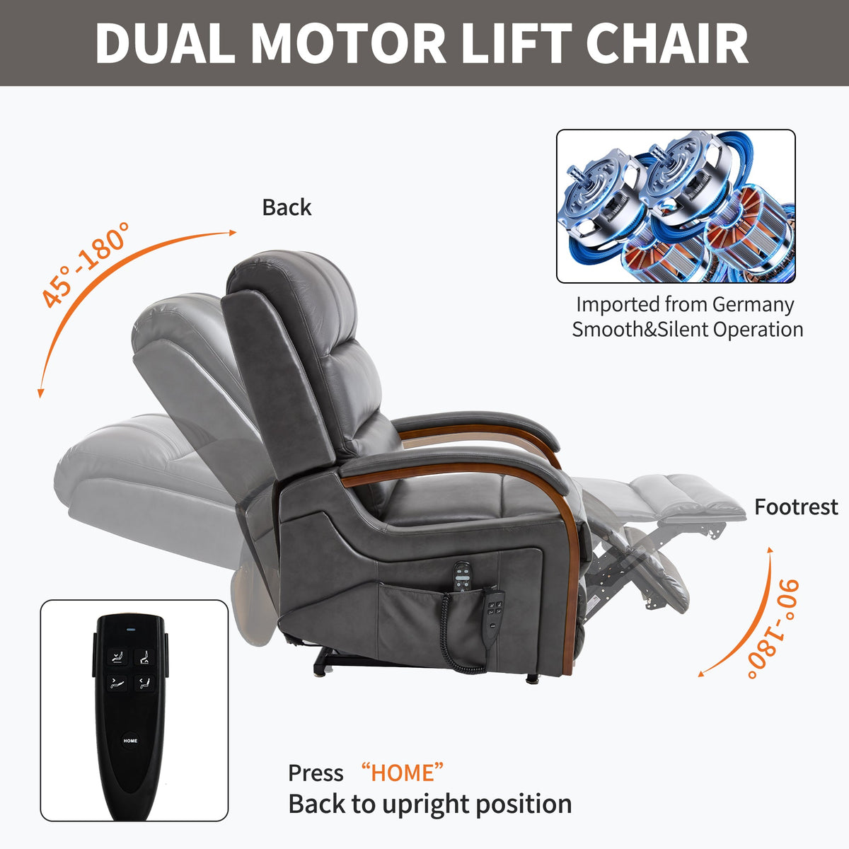 Power Dark Recliner Chair by HouseOfZazla, dark gray leather recliner with dual-motor lift on Tampa Home & Garden Store