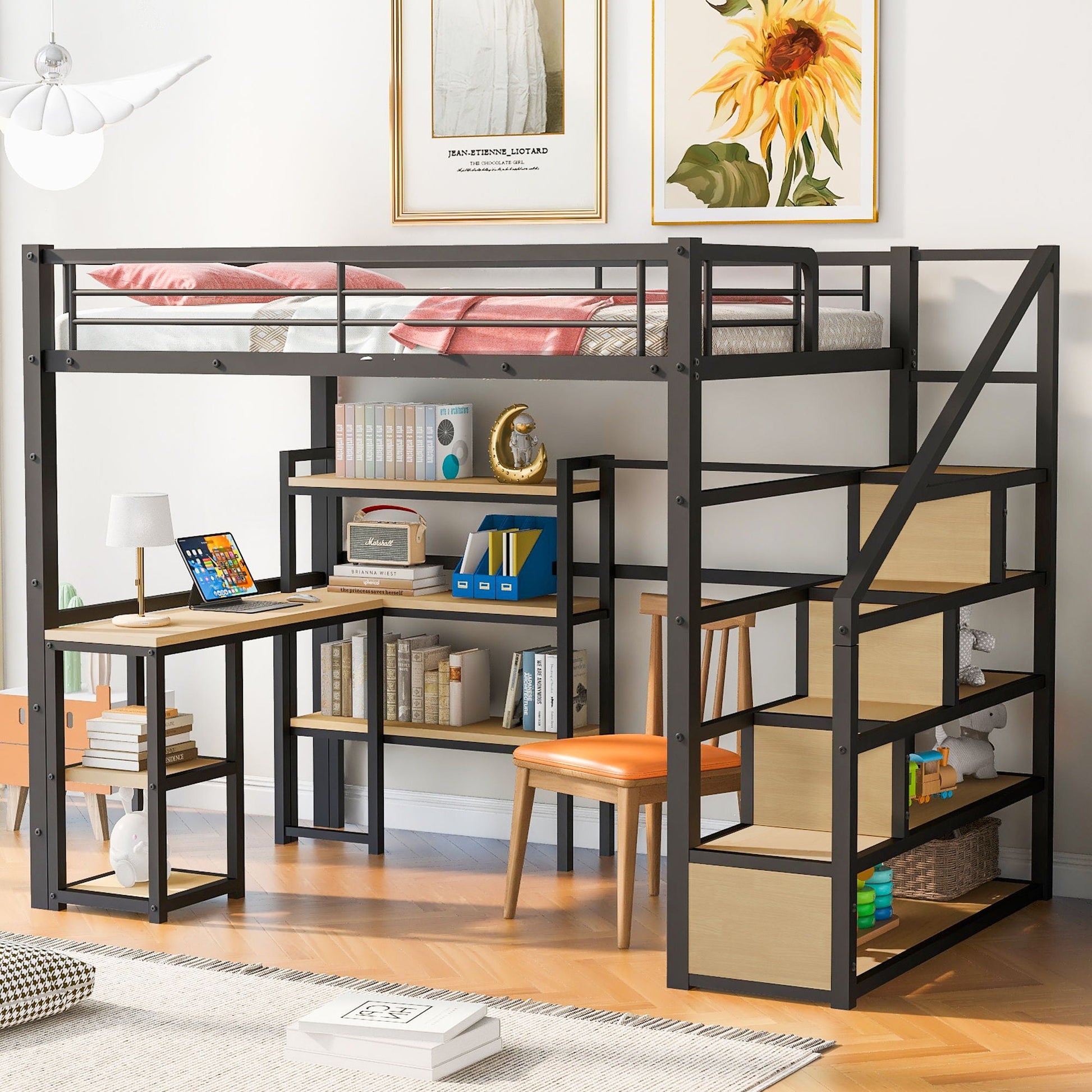 Full size black metal loft bed with staircase, built-in desk and shelves over a study area on Tampa Home & Garden Store