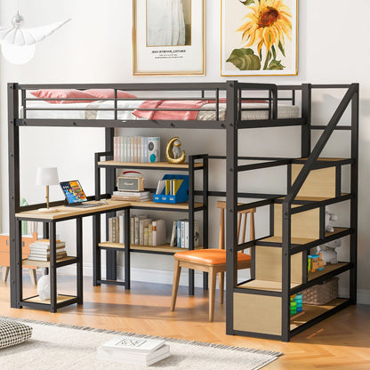 Full size black metal loft bed with staircase, built-in desk and shelves over a study area on Tampa Home & Garden Store
