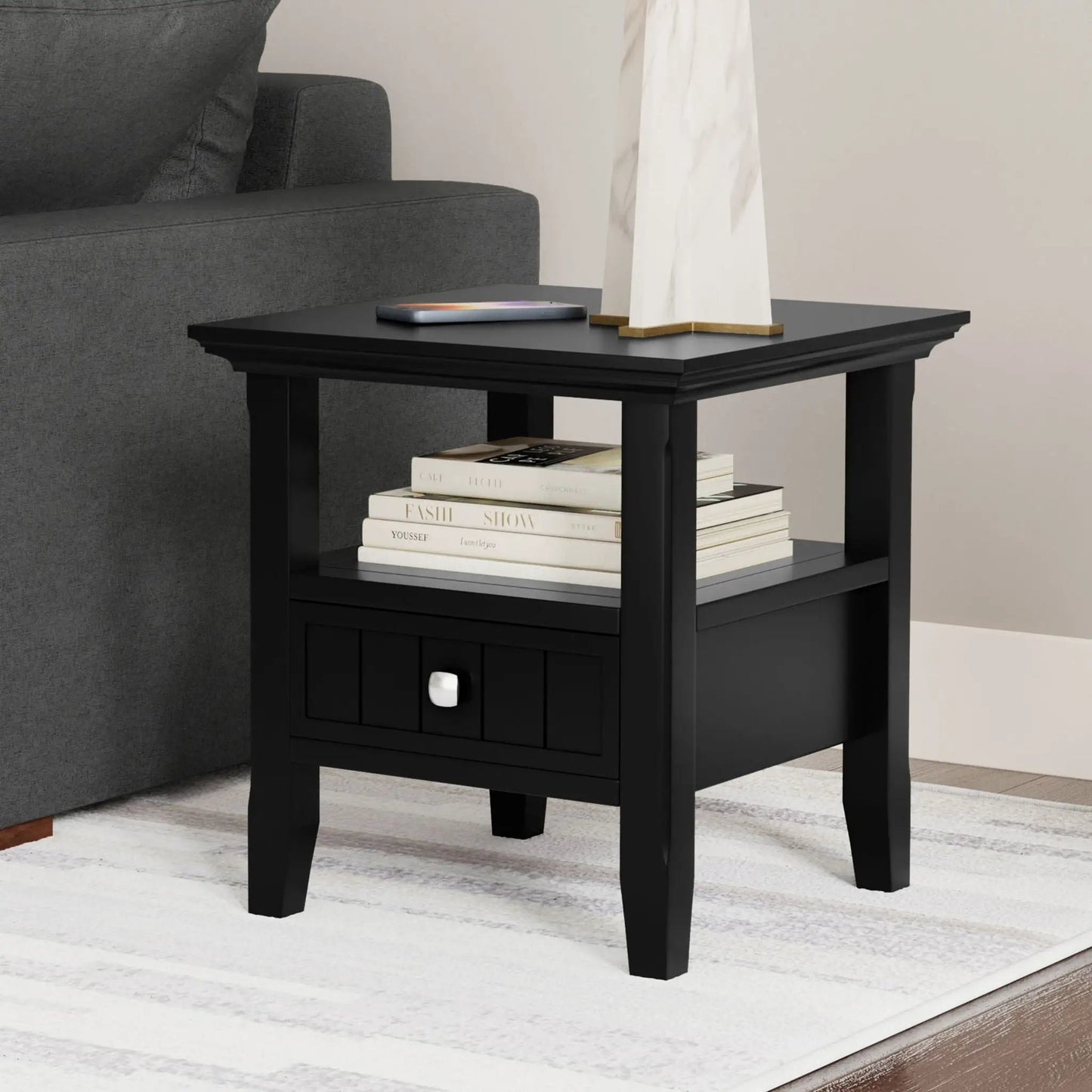 Acadian End Table With Drawer, black finish, silver knob, lower shelf on Tampa Home & Garden Store