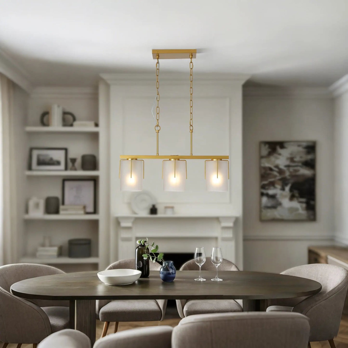 Adjustable cylindrical pendant light, gold finish, 3 glass shades on chain suspension on Tampa Home & Garden Store