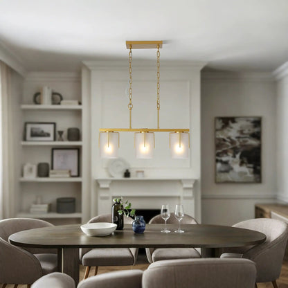 Adjustable cylindrical pendant light, gold finish, 3 glass shades on chain suspension on Tampa Home & Garden Store