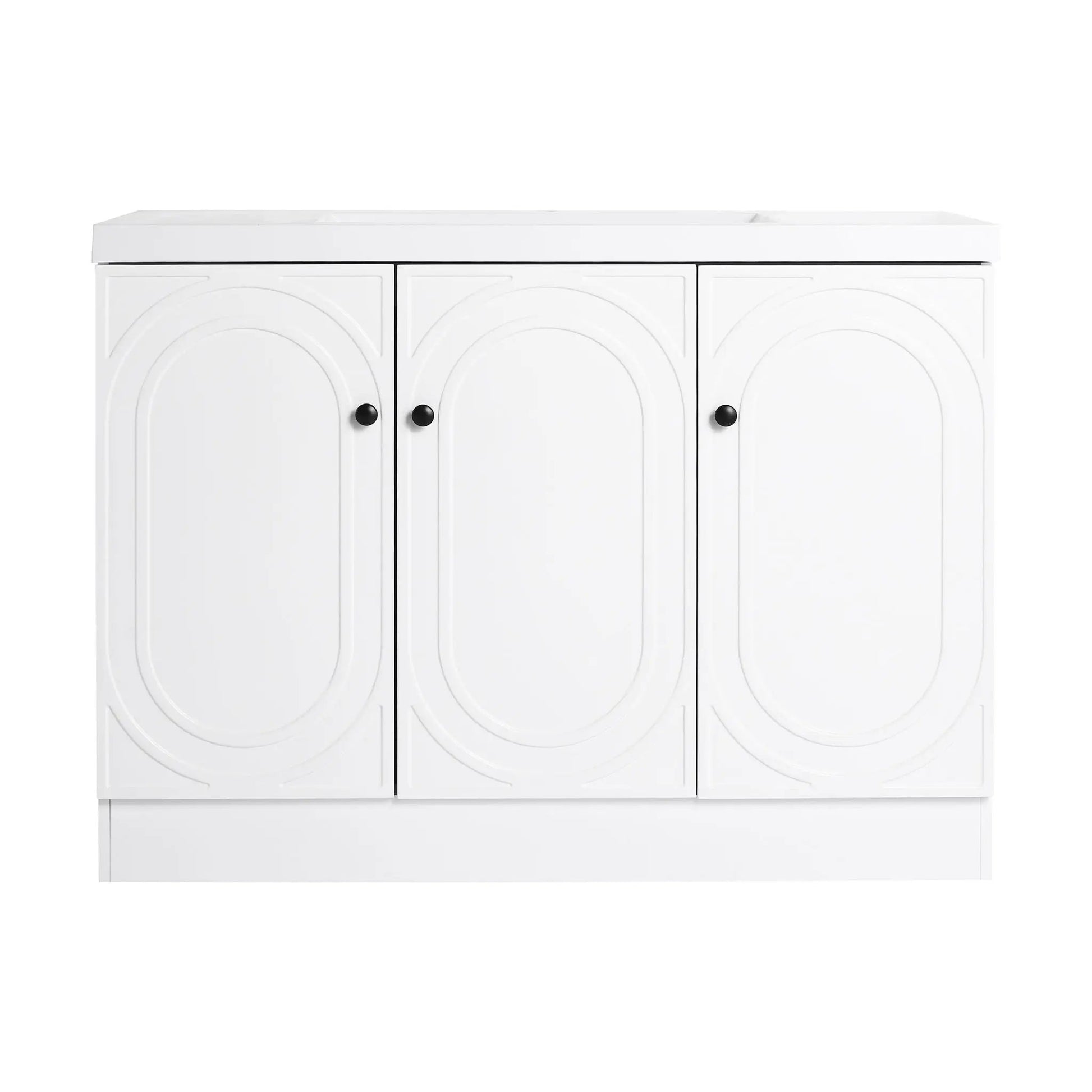 Contemporary white vanity with 3 arched-panel doors, black knobs, resin sink on Tampa Home & Garden Store