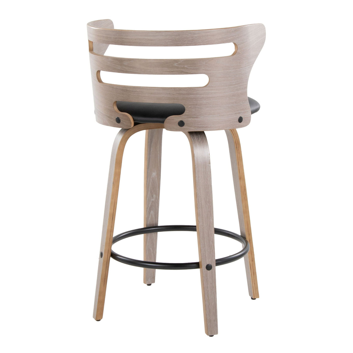 Mid Century Modern fixed-height barstool with swivel and round footrest, beige back, black seat on Tampa Home & Garden Store