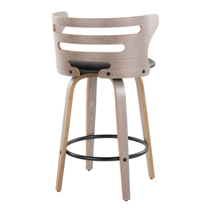 Mid Century Modern fixed-height barstool with swivel and round footrest, beige back, black seat on Tampa Home & Garden Store