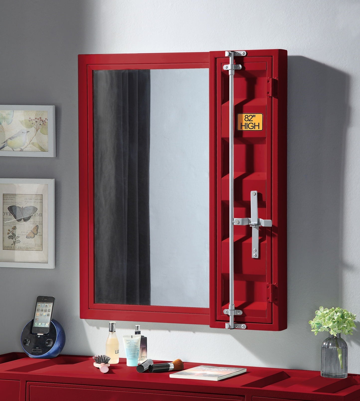 Cargo Vanity Mirror by HouseOfZazla red frame with storage cabinet, clear reflection on Tampa Home & Garden Store