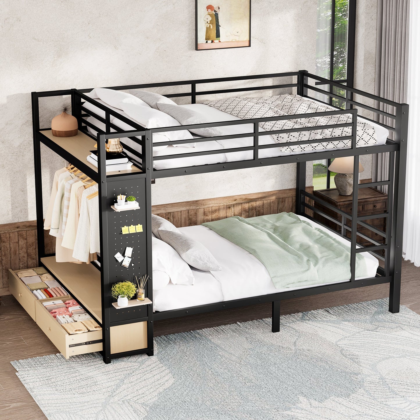 Queen over queen size metal bunk bed by HouseOfZazla in black with storage shelf and ladder on Tampa Home & Garden Store