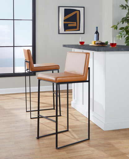 High-back barstool set in tan leather with black metal frames, 2 stools at kitchen island on Tampa Home & Garden Store