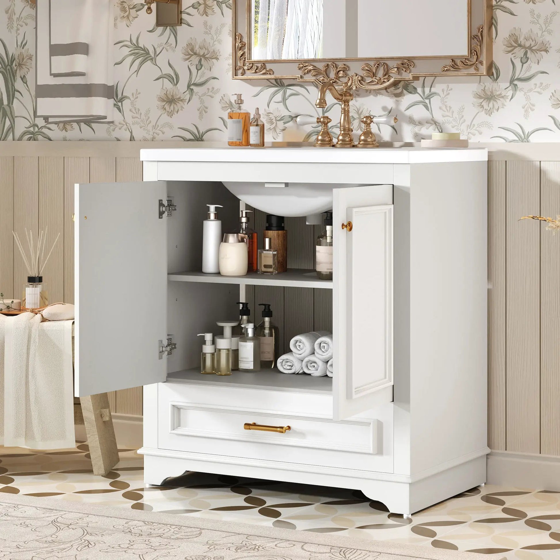 White bathroom vanity with sink, brass faucet, 2 soft-close doors and adjustable shelf on Tampa Home & Garden Store
