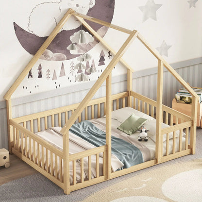 Wood House-Shaped Floor Bed With Fence, Guardrails pair wood beds Unique Piece Furniture on Tampa Home & Garden Store