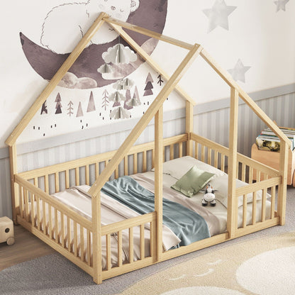 A Wood House Floor Bed with Guardrail Fence