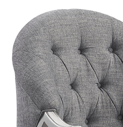 Florian antique arm chair gray fabric with deep tufting and curved metal frame on Tampa Home & Garden Store