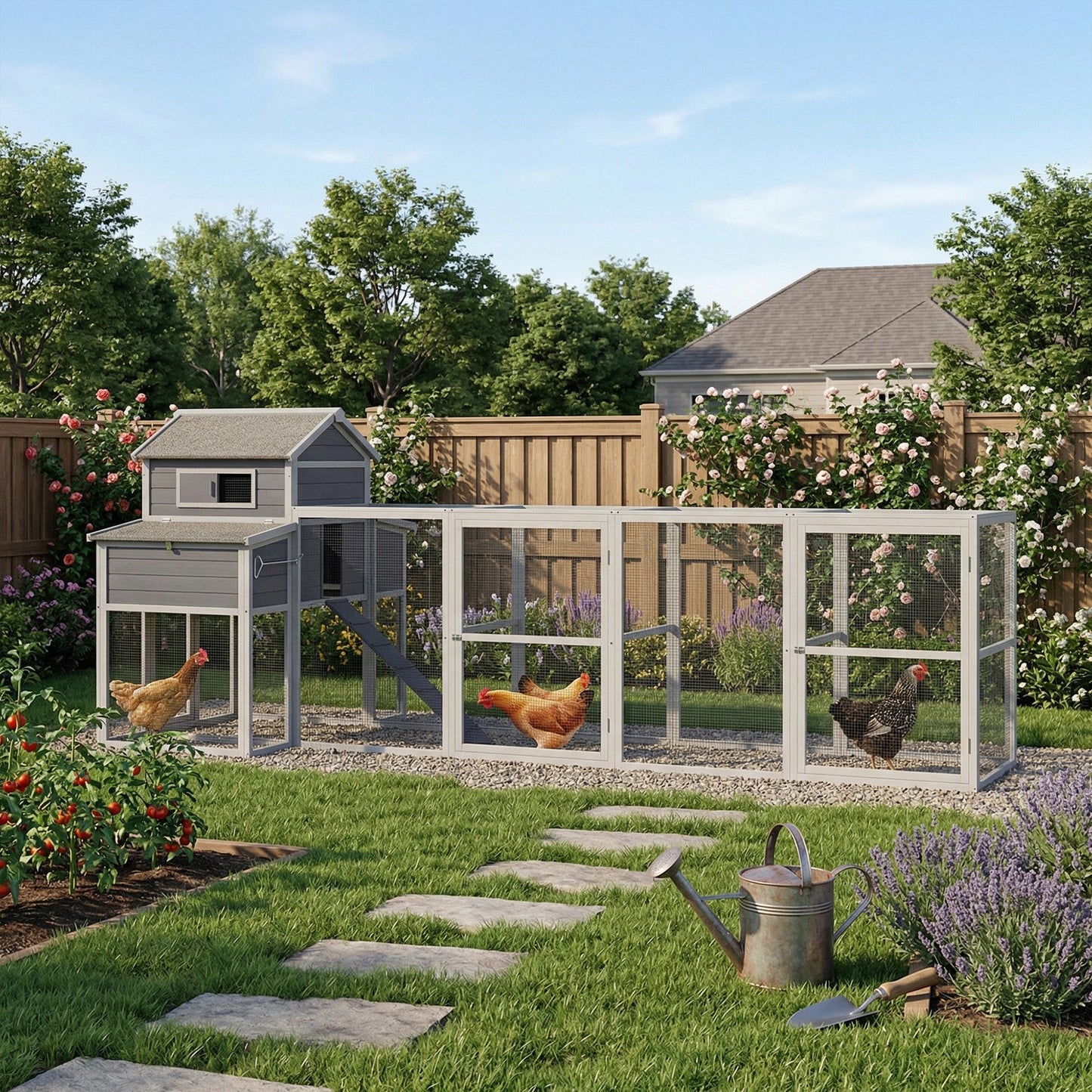 150-inch extra large wooden chicken coop with attached run, gray wood, backyard garden on Tampa Home & Garden Store