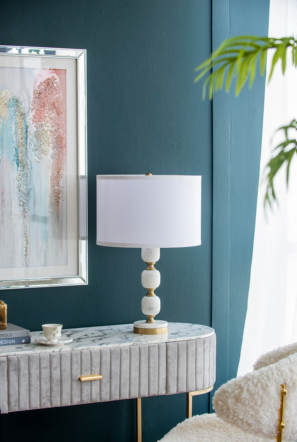 HouseOfZazla D15x26.5 Table Lamp with white drum shade and marble stack base on console on Tampa Home & Garden Store