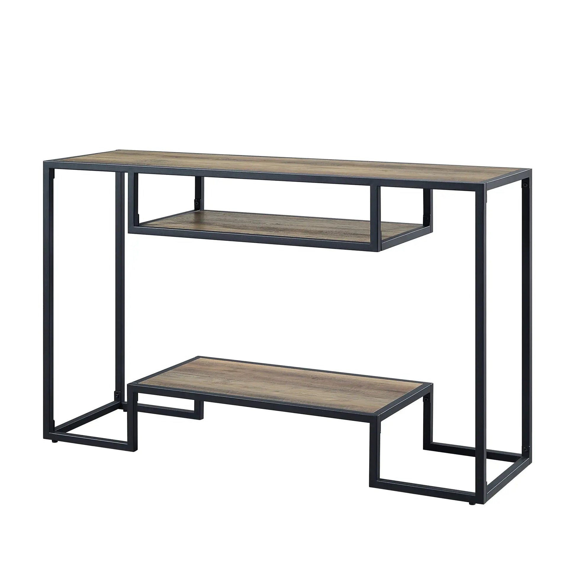 Idella sofa table with rustic oak top and black metal frame, 3-tier console on Tampa Home & Garden Store