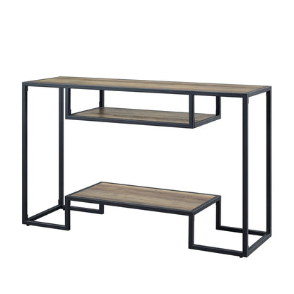 Idella sofa table with rustic oak top and black metal frame, 3-tier console on Tampa Home & Garden Store