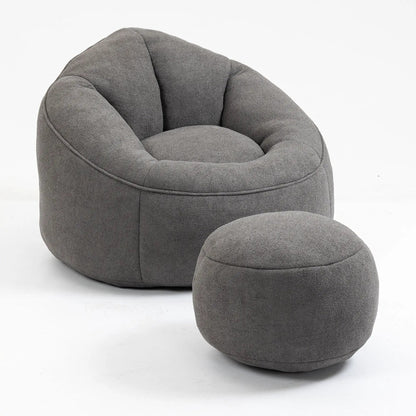 Gray bean bag chair and matching ottoman 2-piece plush fabric set with footrest on Tampa Home & Garden Store