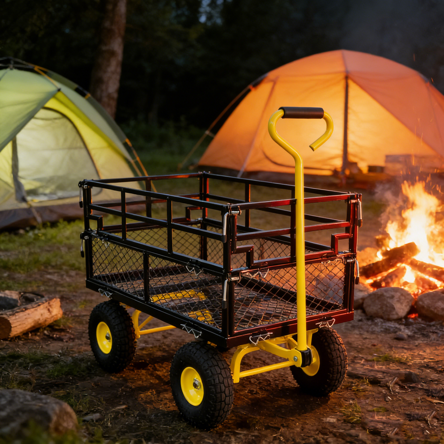 Outdoor wagon cart by HouseOfZazla with yellow frame and black mesh sides on Tampa Home & Garden Store