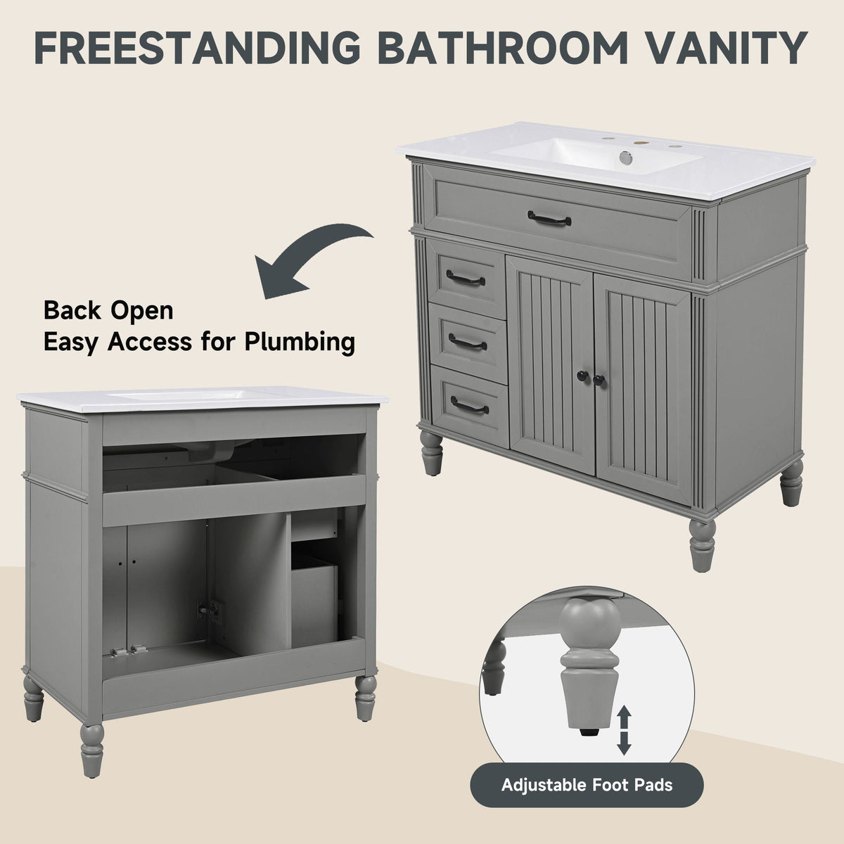 Bathroom Vanity With Sink and Drawers freestanding gray cabinet with white countertop on Tampa Home & Garden Store