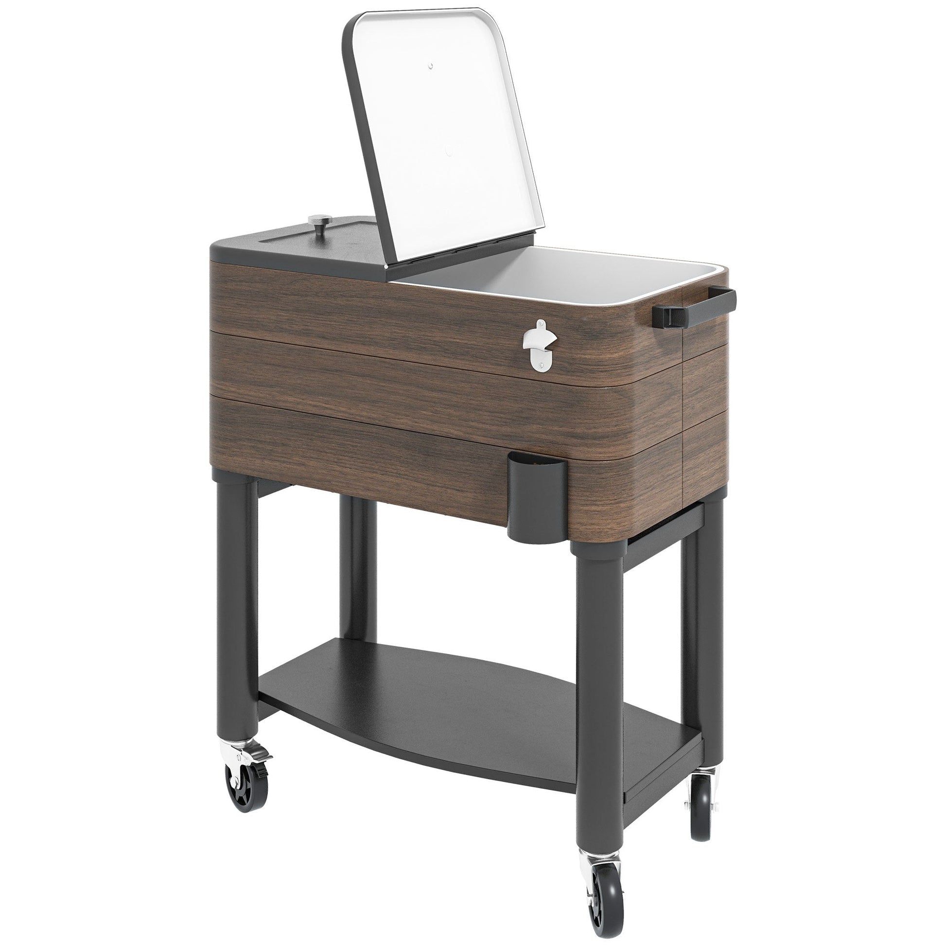 Outsunny outdoor cooler cart woodgrain cabinet with metal top and rolling caster wheels on Tampa Home & Garden Store