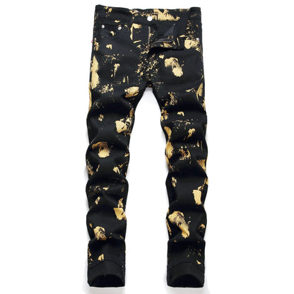 Men's street waist jeans with black base and gold paint-splatter print by FLIPSTYLEZLLC on Tampa Home & Garden Store