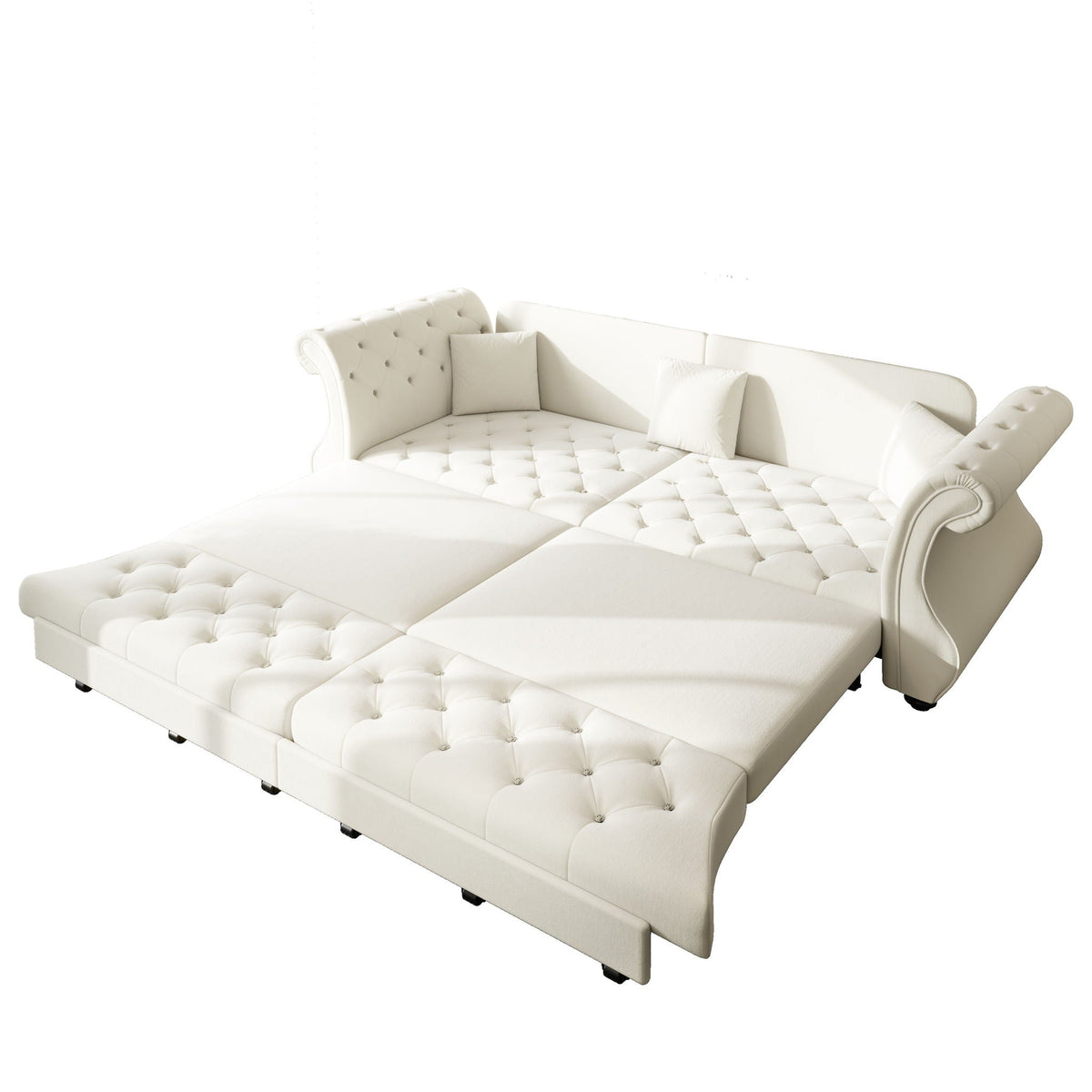 Oversized Chesterfield sleeper sofa with roll-arm, white tufted upholstery by HouseOfZazla on Tampa Home & Garden Store