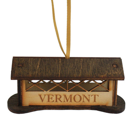 Wooden 3D Vermont Covered Bridge Ornament with brown finish and hanging ribbon on Tampa Home & Garden Store