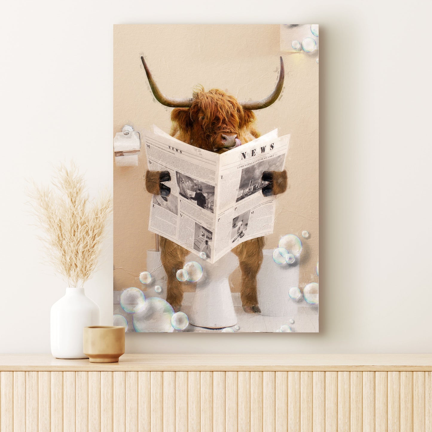 Highland cow reading newspaper canvas wall art beige tones by Tailored Canvases on Tampa Home & Garden Store