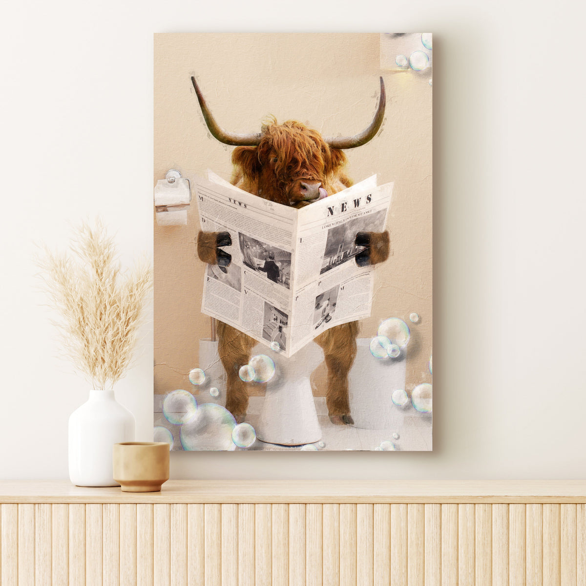Highland cow reading newspaper canvas wall art beige tones by Tailored Canvases on Tampa Home & Garden Store