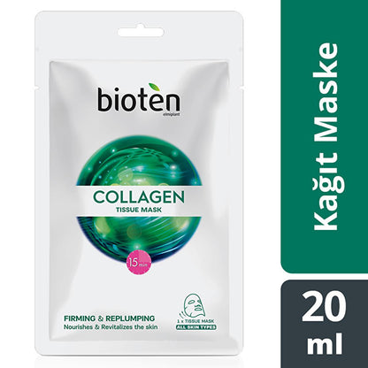 Bioten Collagen Tissue Mask packaging with green graphic, 15 min, for all skin types on Tampa Home & Garden Store