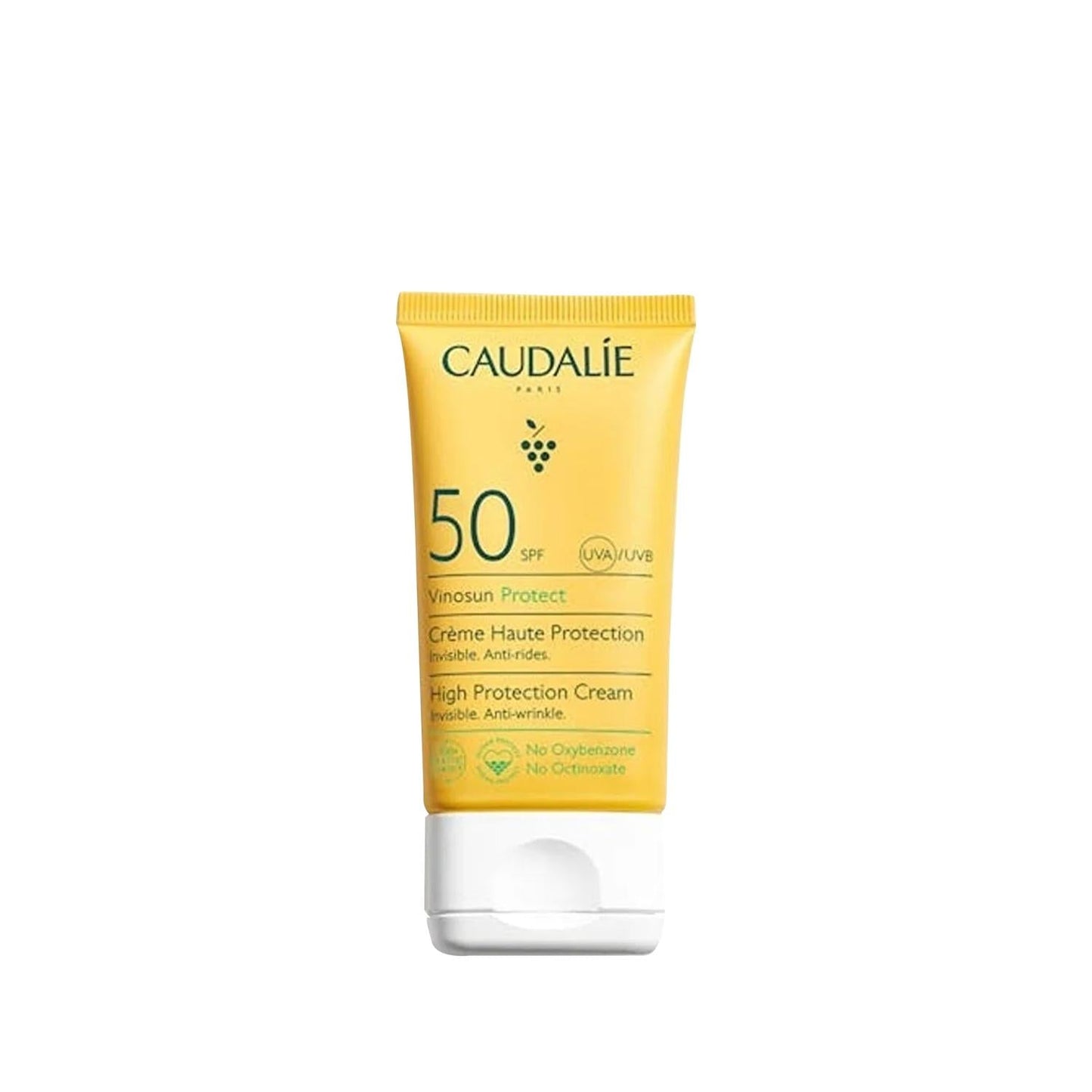 Caudalie Vinosun Protect SPF 50+ sunscreen in yellow tube with grape emblem, protection on Tampa Home & Garden Store