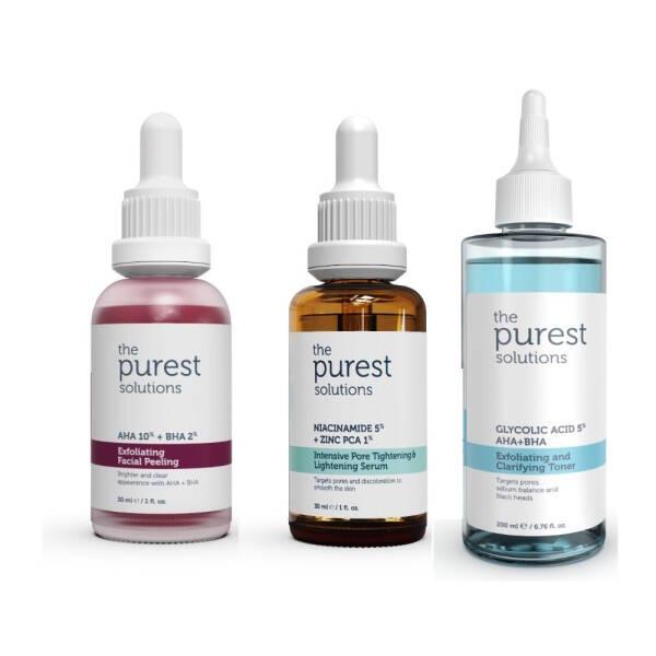 The Purest Solutions 3-item kit: pink exfoliating peeling, amber pore-tightening serum, blue toner on Tampa Home & Garden Store