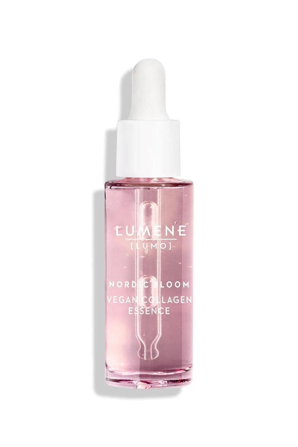 Lumene Nordic Bloom vegan collagen essence serum pink glass dropper bottle with white cap on Tampa Home & Garden Store
