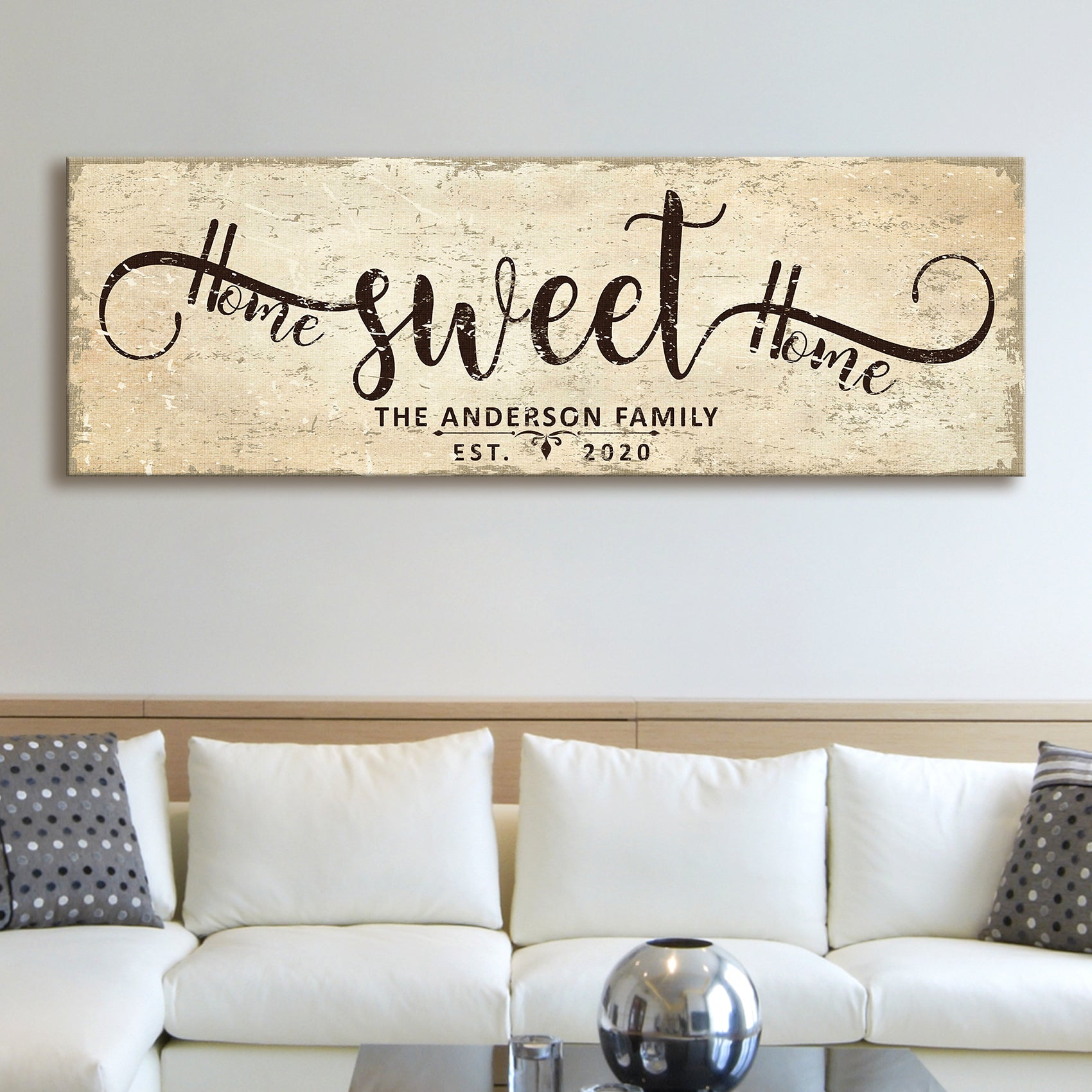 Home Sweet Home crafting canvas sign featuring beige distressed wood background and black script on Tampa Home & Garden Store