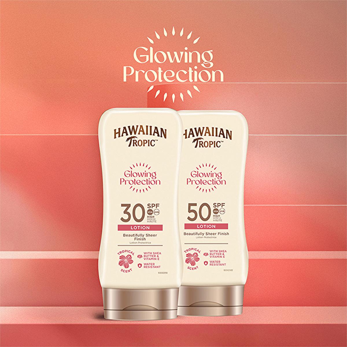 Sunscreen lotion duo Hawaiian Tropic Glowing Protection SPF 30 & 50 in beige bottles with caps on Tampa Home & Garden Store