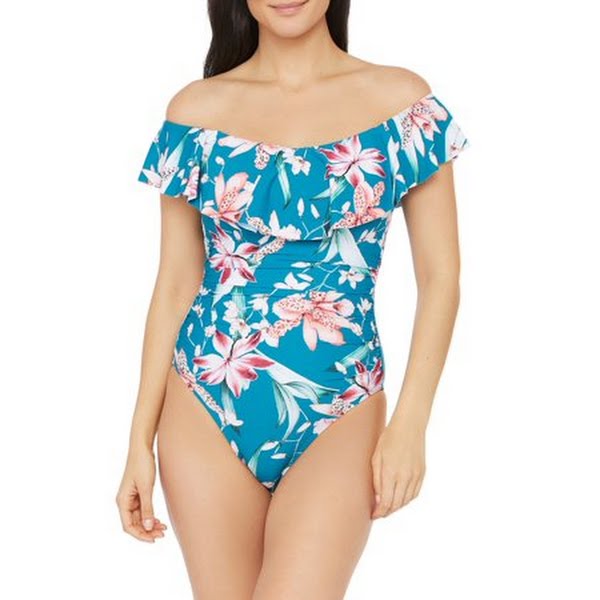 One-piece Vanessa Jane teal floral swimsuit with off-shoulder ruffle, ruched sides, lace-up back on Tampa Home & Garden Store