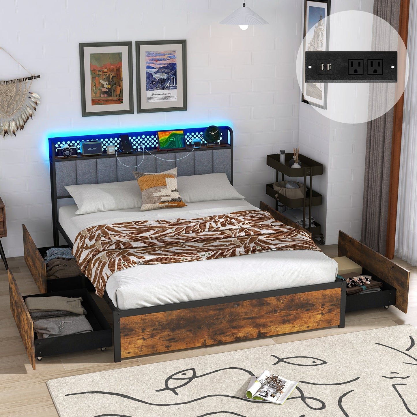 Base de cama doble/matrimonial/Queen con luces LED Cabecero tapizado y 4 cajones de almacenamiento - Tamaño matrimonial