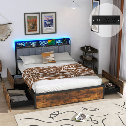 Base de cama doble/matrimonial/Queen con luces LED Cabecero tapizado y 4 cajones de almacenamiento - Tamaño matrimonial