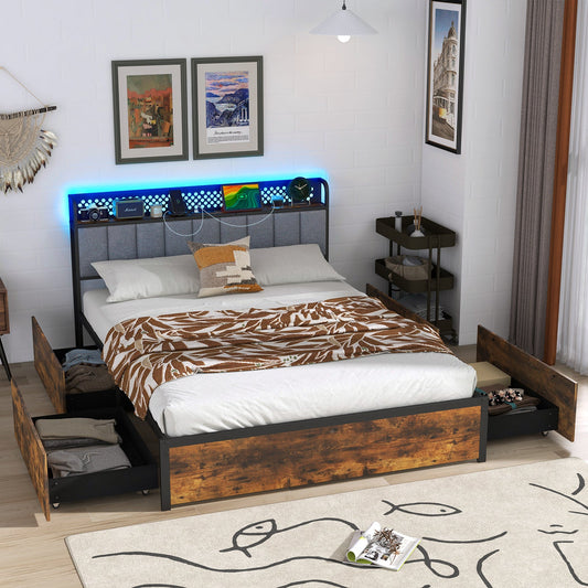 Twin/Full/Queen Bed Frame with LED Lights  Upholstered Headboard and 4 Storage Drawers-Full Size - Tampa Home & Garden Store