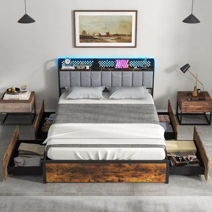 Base de cama doble/matrimonial/Queen con luces LED Cabecero tapizado y 4 cajones de almacenamiento - Tamaño matrimonial