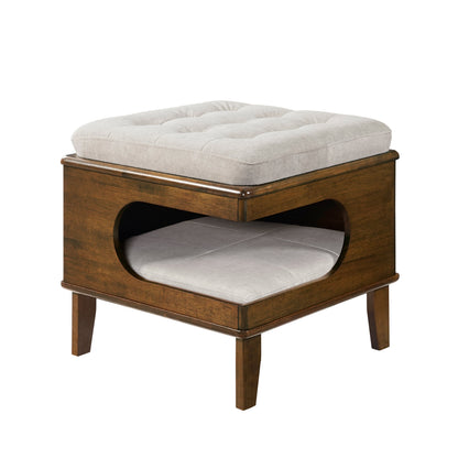 Letitia Rubber Wood Cat Bed Ottoman with beige tufted cushion and dark wood base on Tampa Home & Garden Store