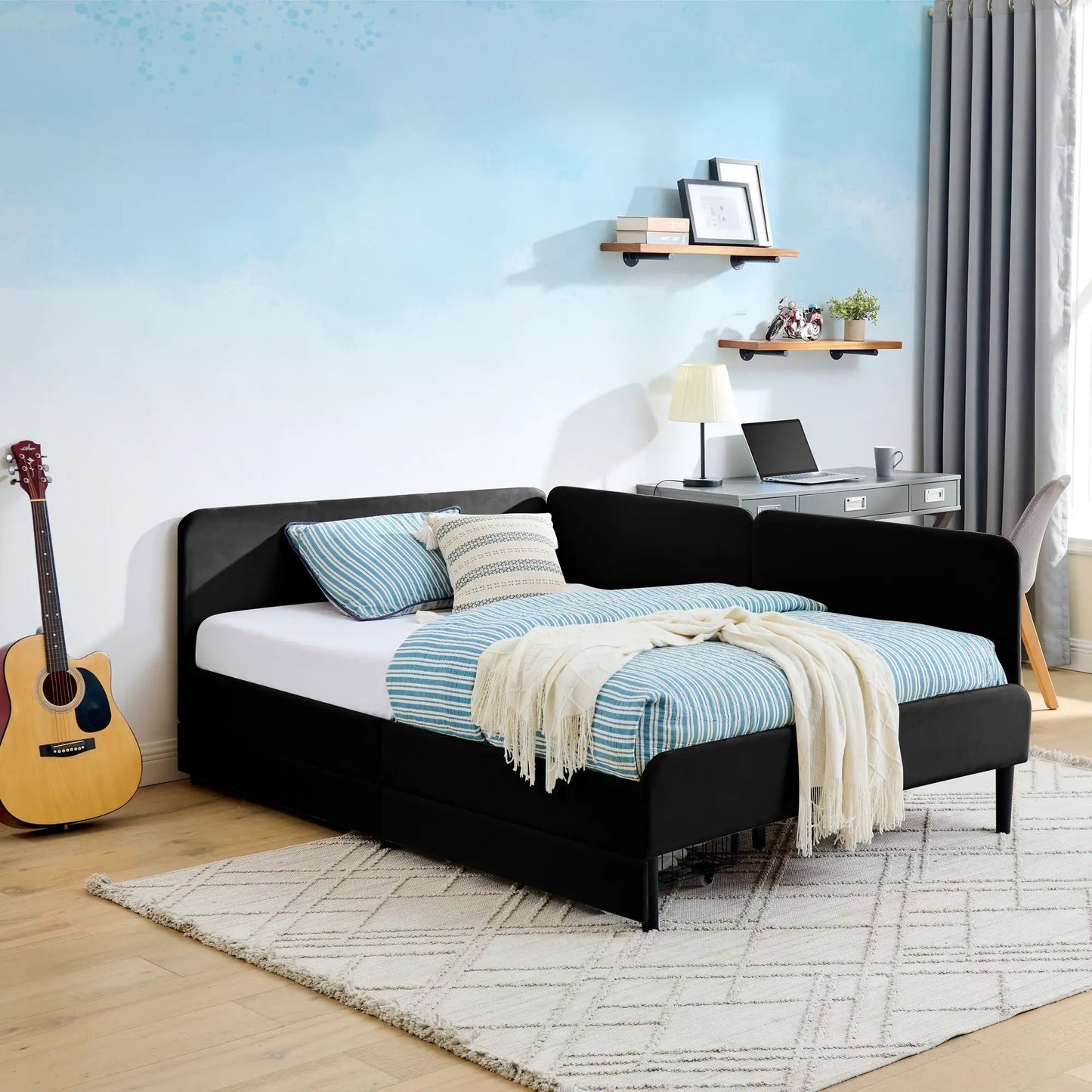Upholstered Bed Frame With Drawers and Sofa Bed