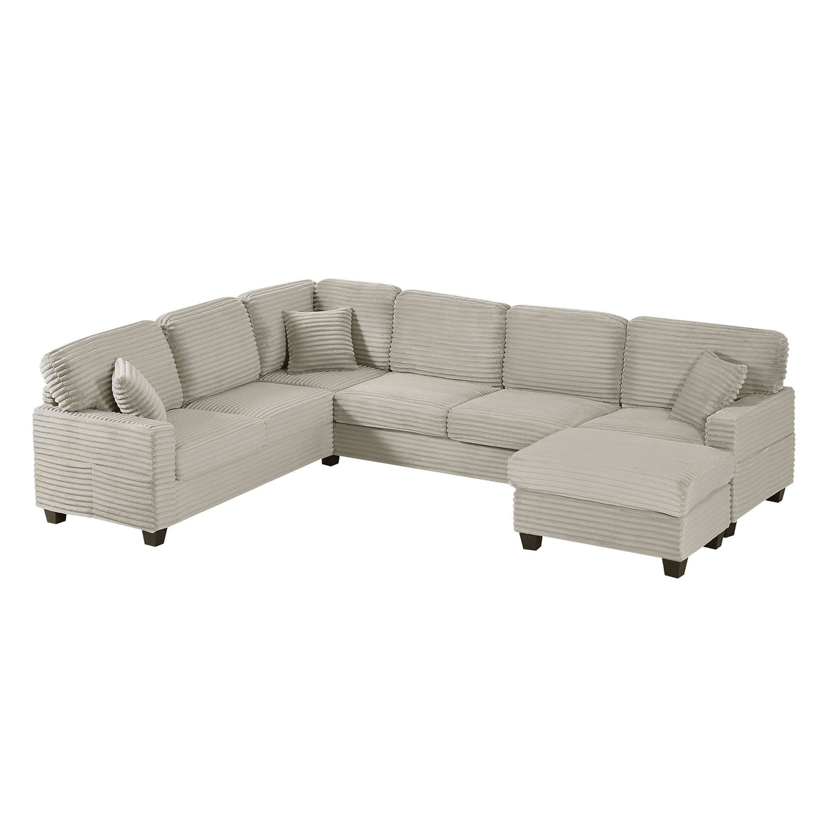 Upholstered U-shaped sectional sofa in beige fabric with movable ottoman and storage pockets on Tampa Home & Garden Store