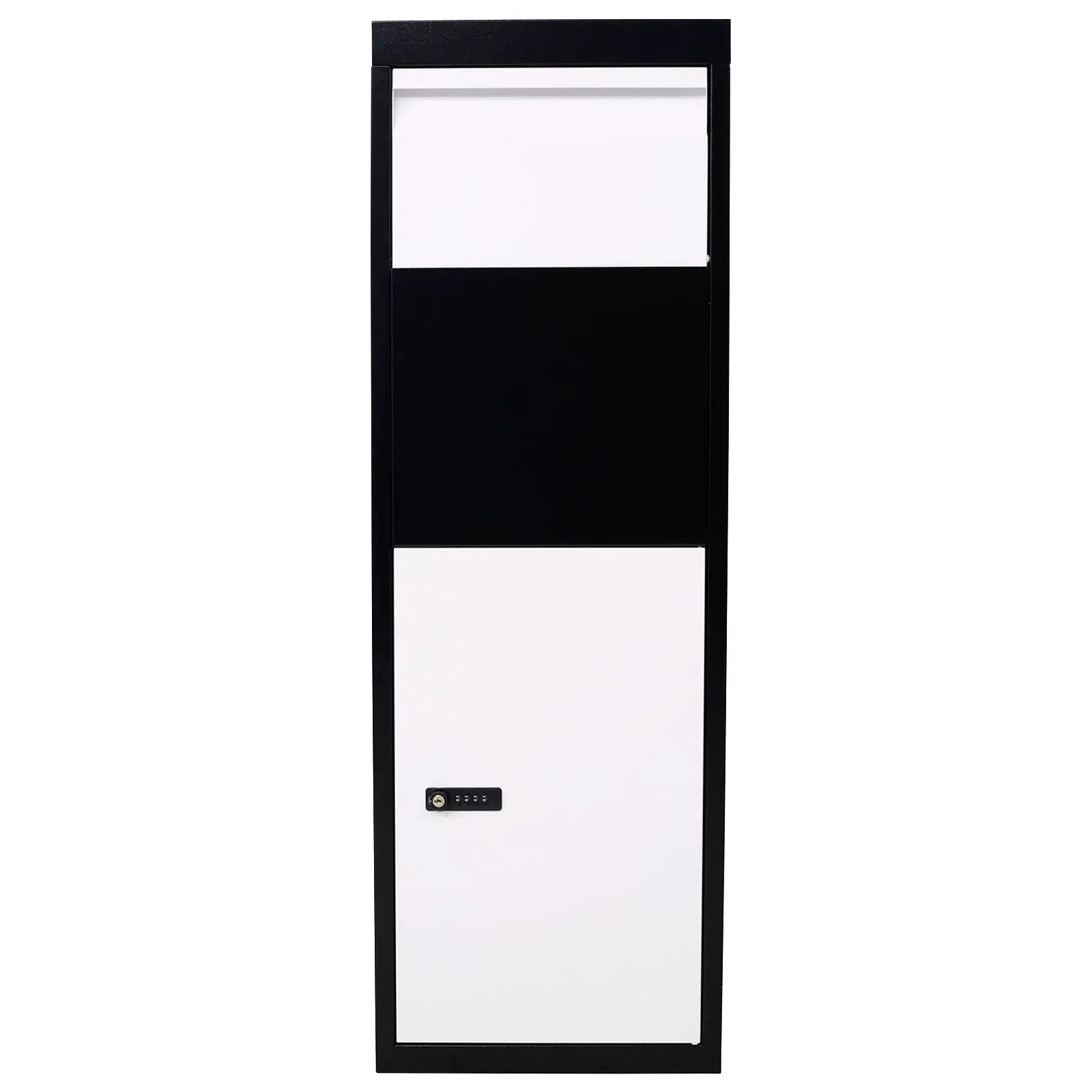 Package delivery box with black frame and white steel panels, code lock mounting hardware on Tampa Home & Garden Store