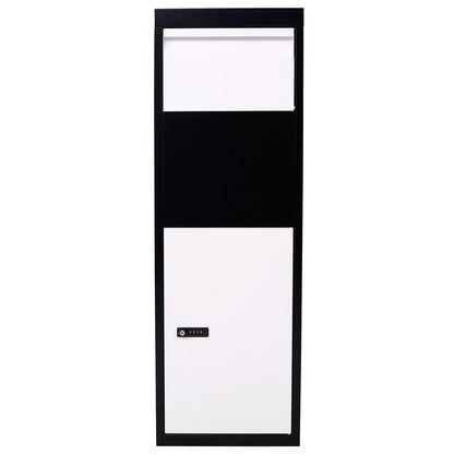 Package delivery box with black frame and white steel panels, code lock mounting hardware on Tampa Home & Garden Store