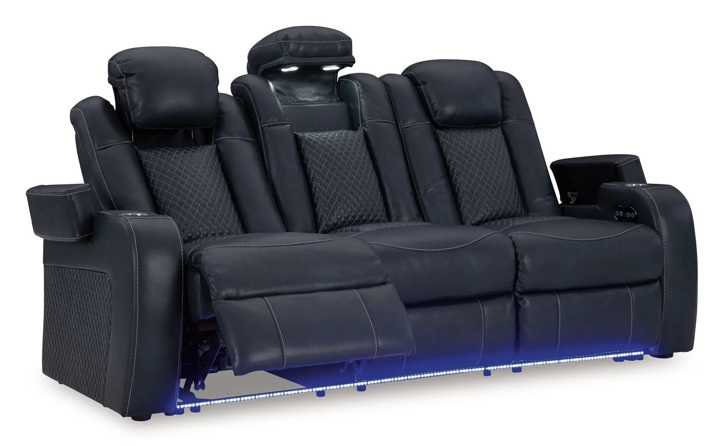 Fyne-dyme power reclining sofa with adj headrests, dark leather 4-seat layout on Tampa Home & Garden Store