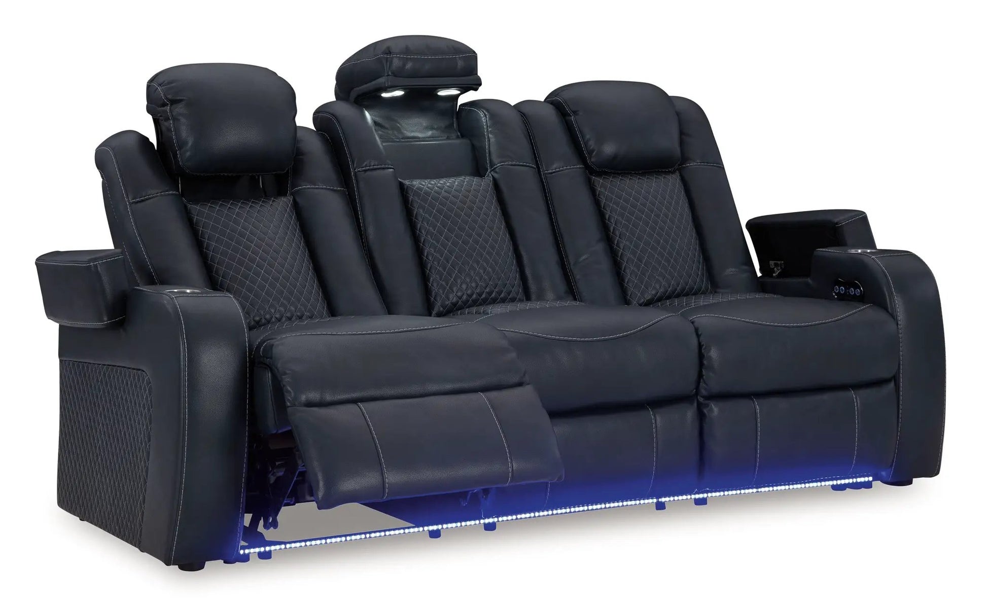 Fyne-dyme power reclining sofa with adj headrests, dark leather 4-seat layout on Tampa Home & Garden Store